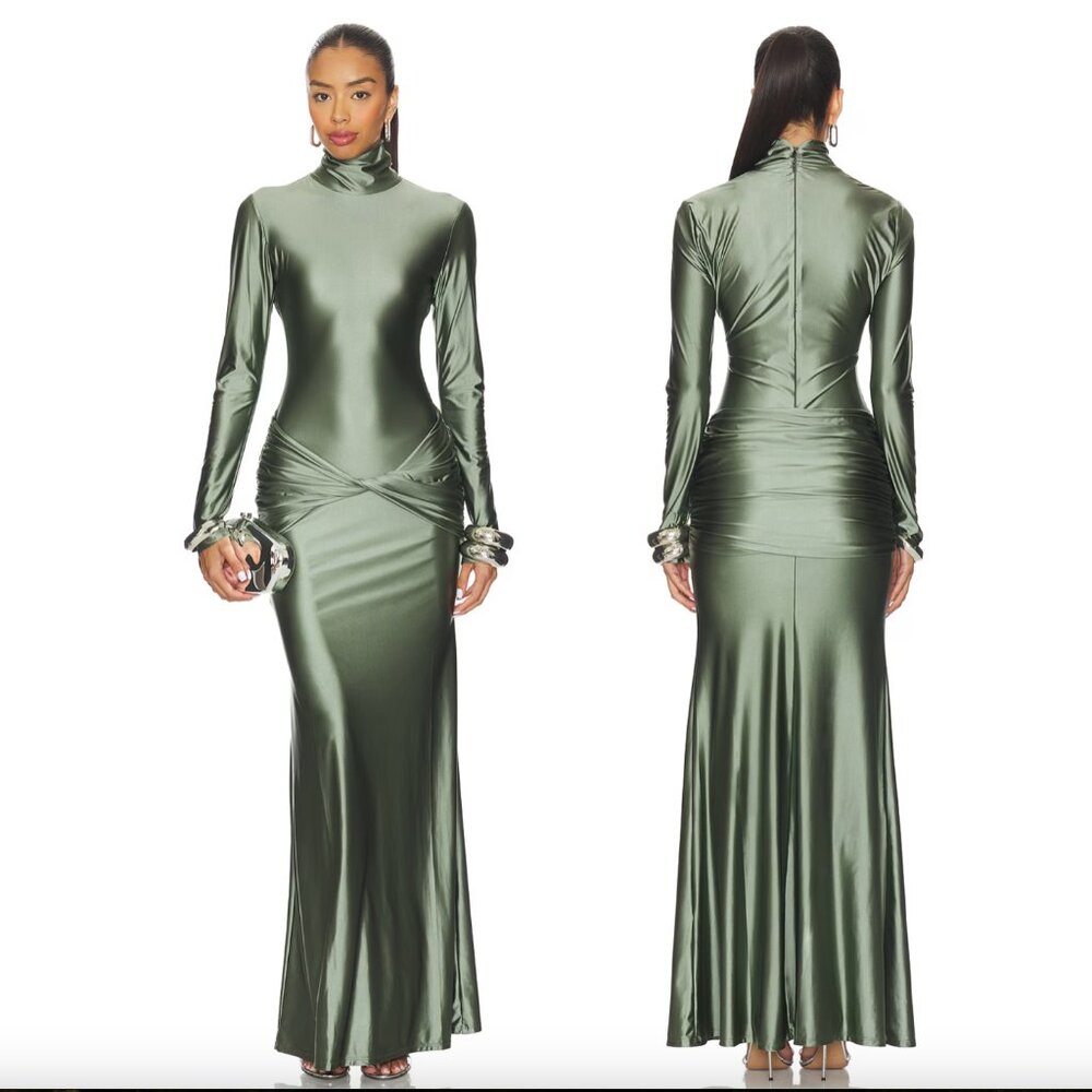 NEW DELFI Anastasia Maxi Dress in Army Sage Green Long Sleeve Formal Satin Gown